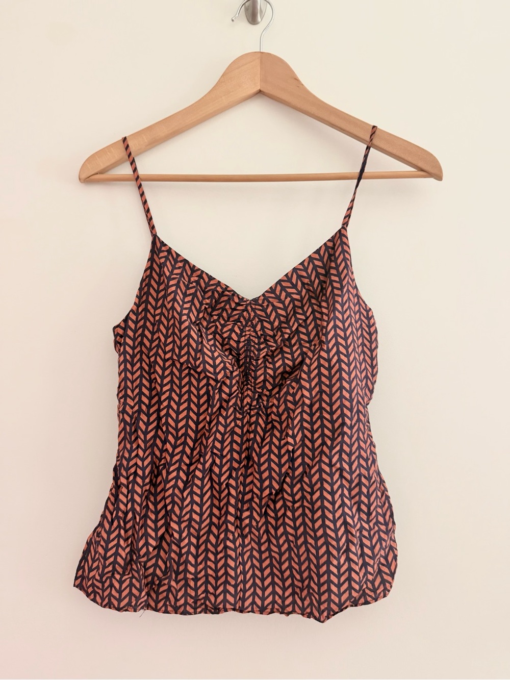 Caballero Silk Striped Chevron Print Spaghetti Strap Tank Top Brown Navy Blue S